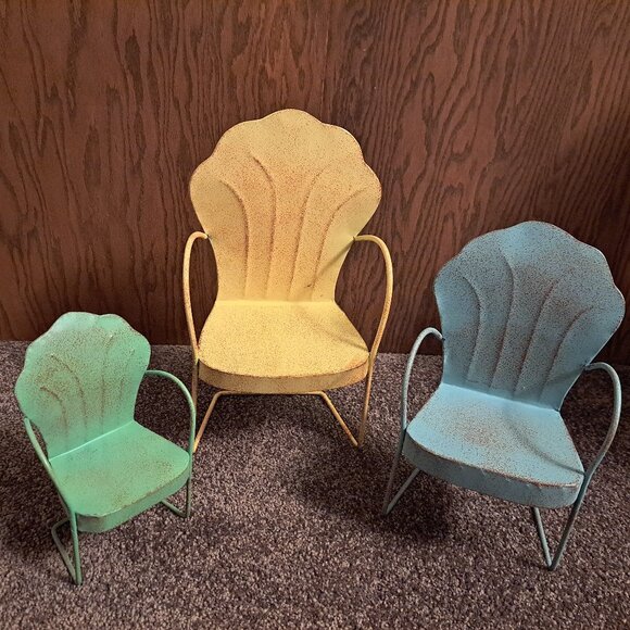 Other - Vintage Miniature Rustic Metal Shell-back or Clamshell Doll Lawn Chairs,Set of 3